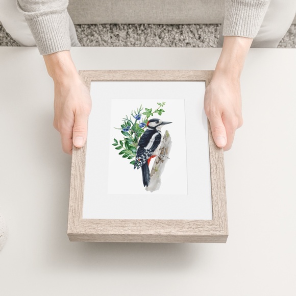 Great Spotted Woodpecker Bird Wall Art Watercolor Illustration Print Unframed - Picture 7 of 7